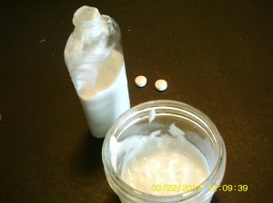 2 vitamin c tablets to dissolve in about half tablespoon of water with 1/2 bottle goats milk -all natural lotion (or any other lotion of your choice )                       